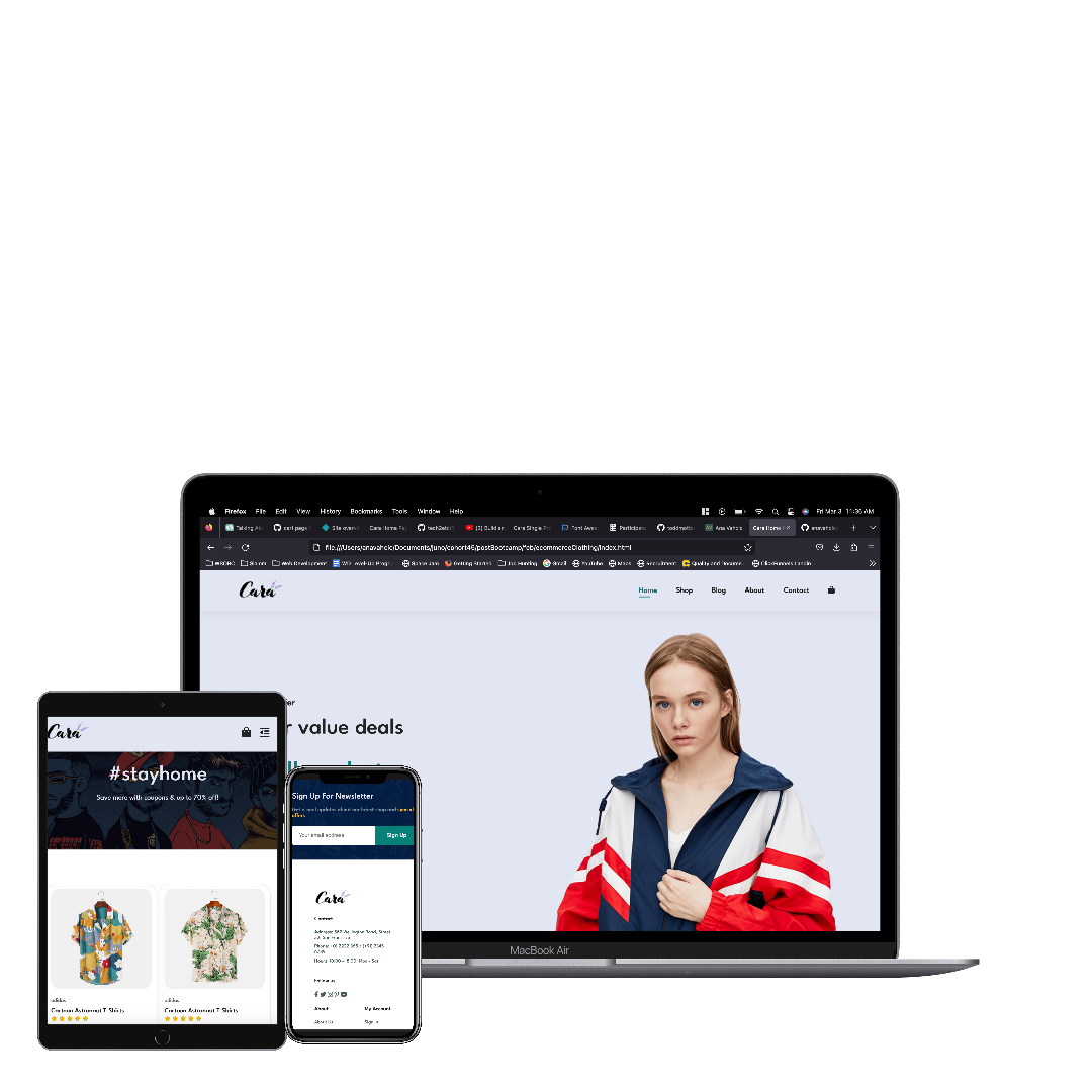 laptop, iPad and iPhone screens with the image of cara clothing page